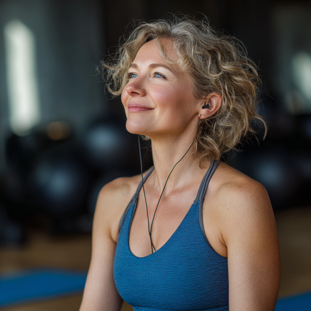 Smiling middle-aged Ukrainian woman in athletic wear practicing mindful movement in a peaceful gym setting