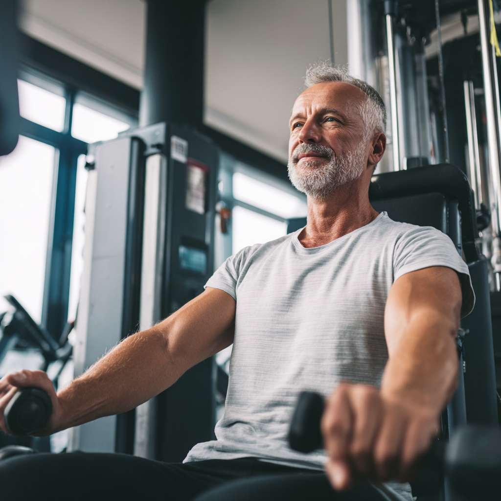 Happy Ukrainian elderly man preparing healthy meal with fresh vegetables and lean protein in modern kitchen