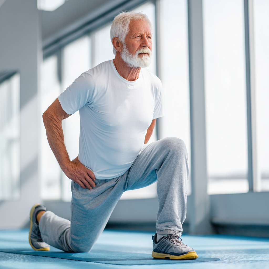 Content Ukrainian senior woman in comfortable athletic wear sitting peacefully after workout, practicing mindfulness and gratitude